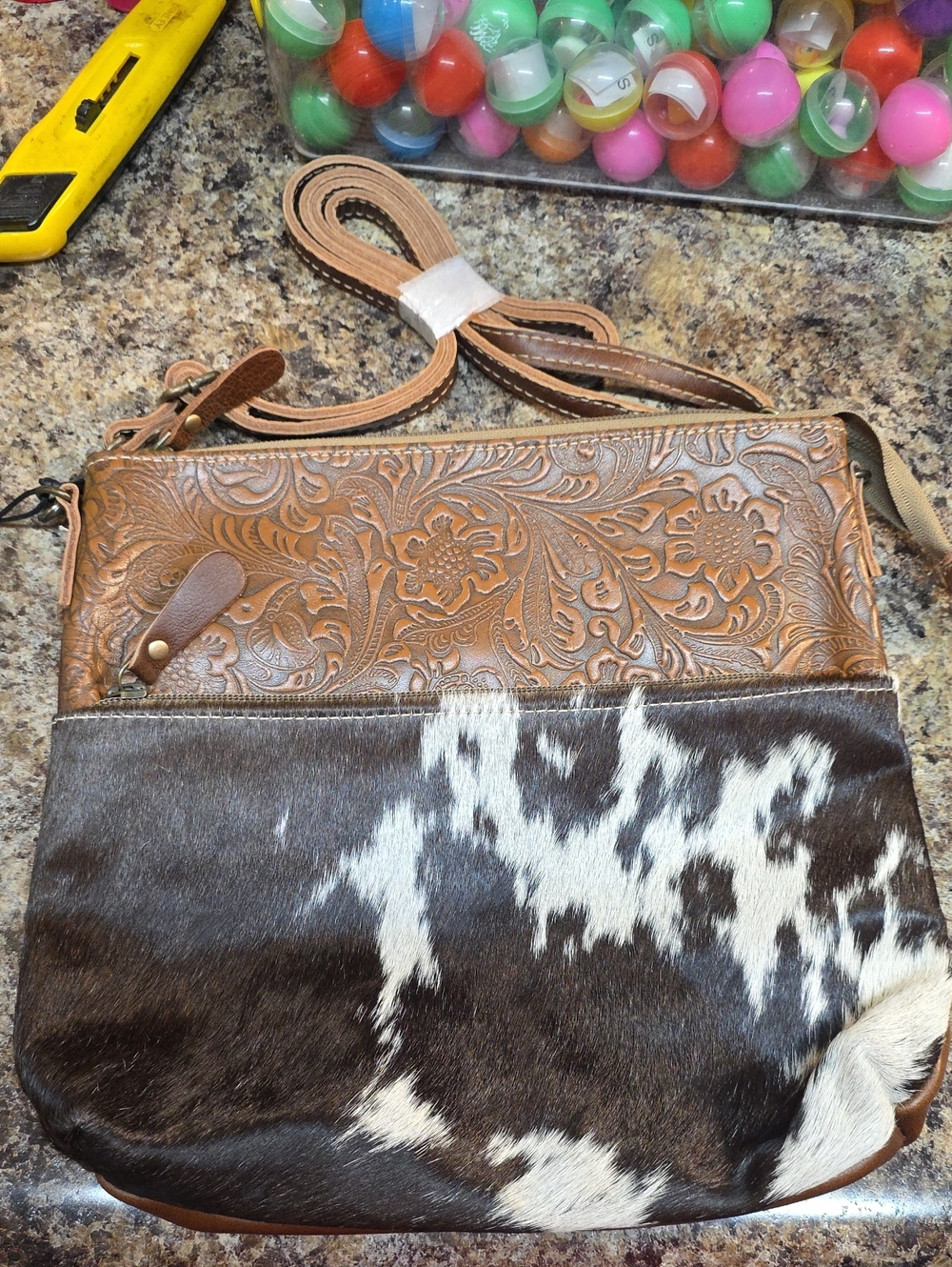 Myra Bag Brown Tooled Leather & Haircalf Crossbody
